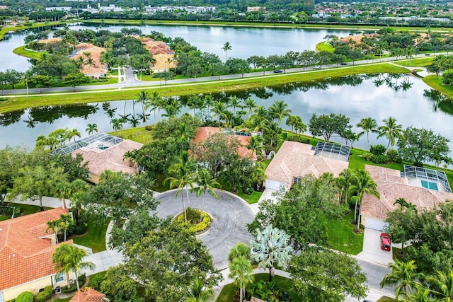 drone / aerial view featuring a water view