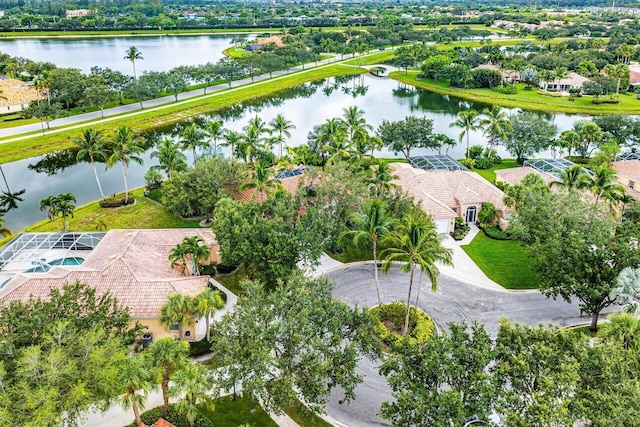 bird's eye view with a water view