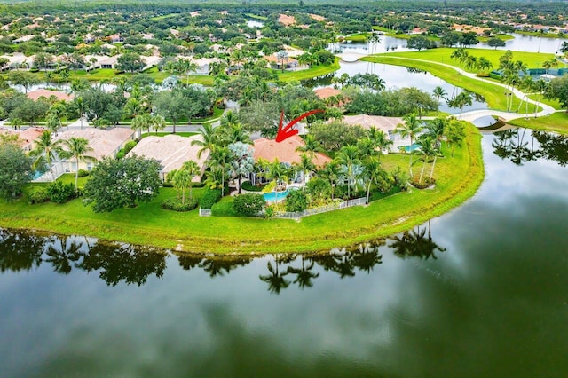 drone / aerial view featuring a water view