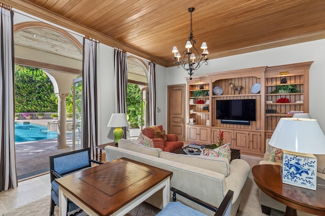 living room with wooden ceiling, a chandelier, and ornamental molding