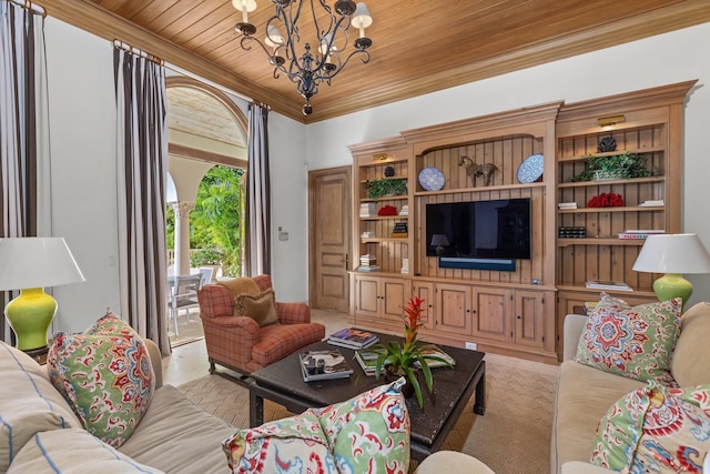 living room with an inviting chandelier, ornamental molding, and wood ceiling