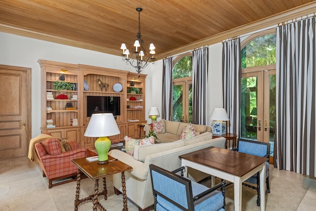 living room featuring wood ceiling, french doors, an inviting chandelier, and light tile patterned floors