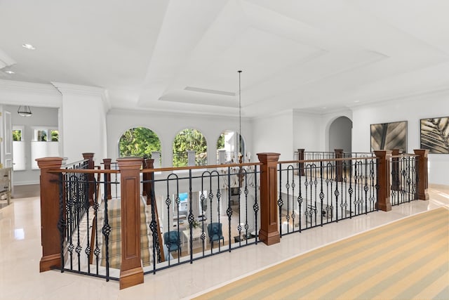 hall with ornamental molding and a tray ceiling