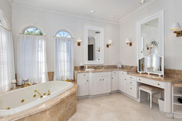 bathroom featuring a relaxing tiled tub, crown molding, and vanity