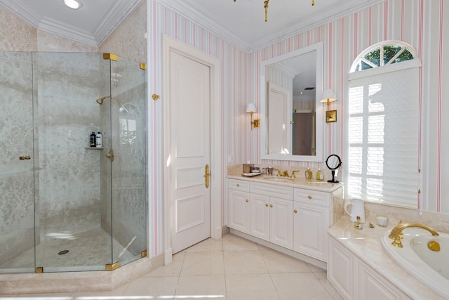 bathroom featuring vanity, tile patterned floors, ornamental molding, and separate shower and tub