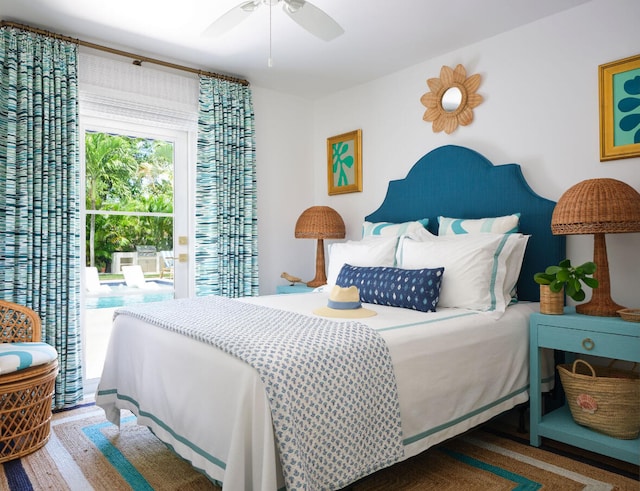 bedroom featuring hardwood / wood-style floors and ceiling fan