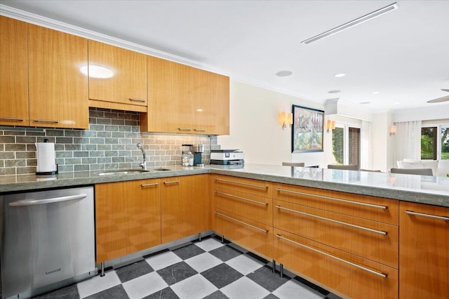 kitchen with backsplash, stainless steel dishwasher, crown molding, sink, and stone counters