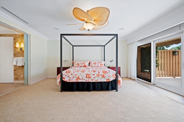 bedroom featuring access to outside, ceiling fan, light carpet, and ornamental molding