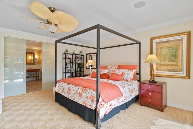 bedroom featuring ceiling fan and ornamental molding