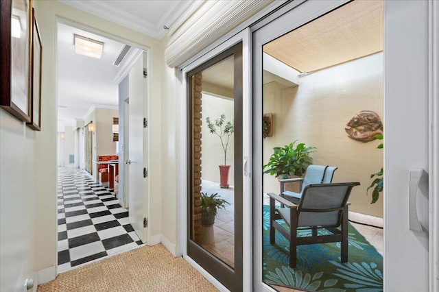 doorway to outside with light carpet and crown molding