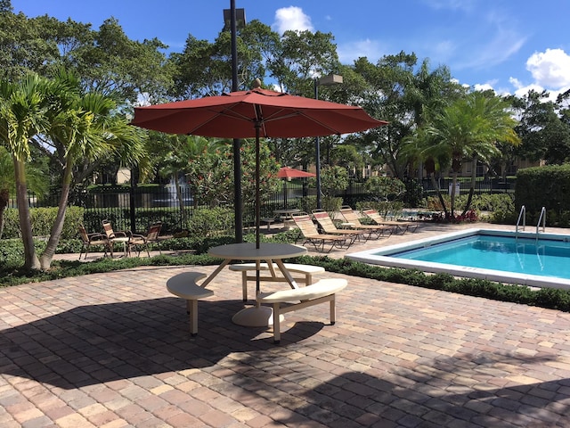 view of swimming pool featuring a patio area