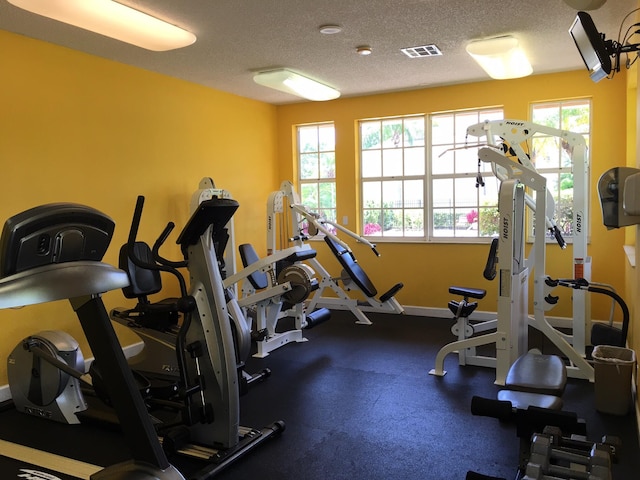 workout area with plenty of natural light and a textured ceiling