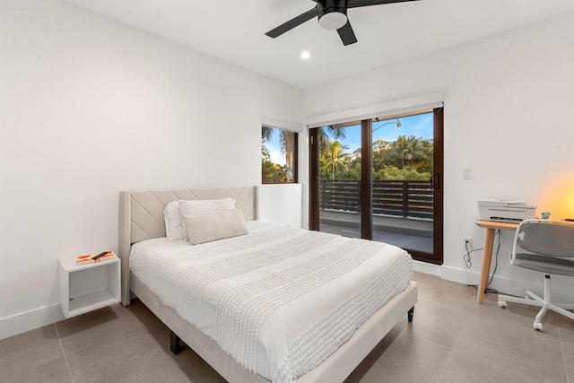 bedroom featuring access to exterior and ceiling fan