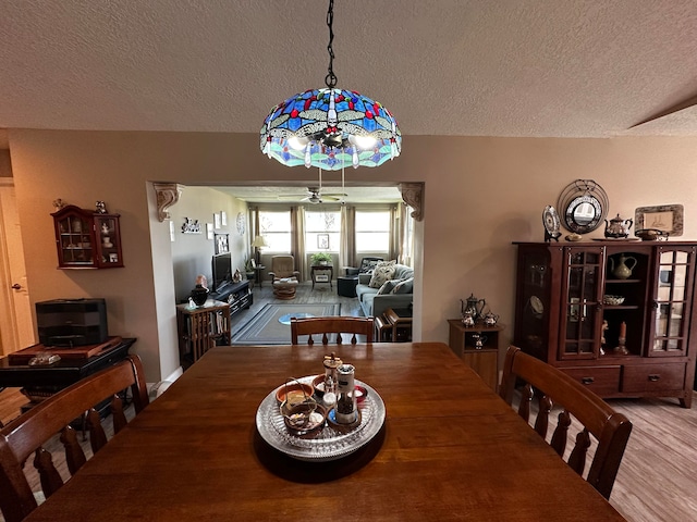 dining room featuring ceiling fan, hardwood / wood-style floors, and a textured ceiling