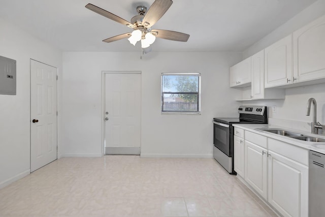 kitchen featuring white cabinetry, sink, ceiling fan, electric panel, and appliances with stainless steel finishes