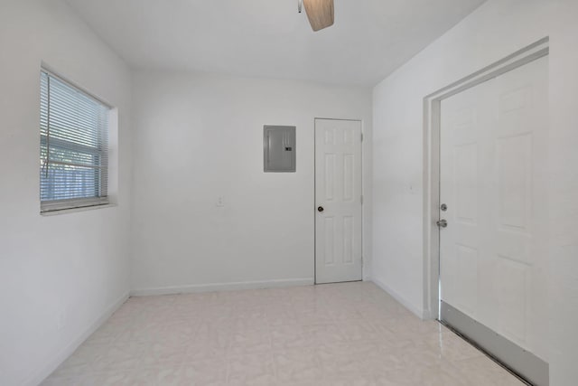 unfurnished room with electric panel and ceiling fan