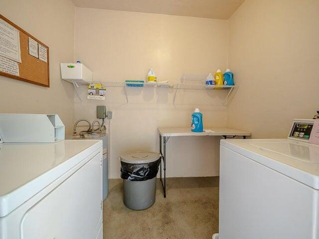 clothes washing area featuring light carpet and washer and clothes dryer