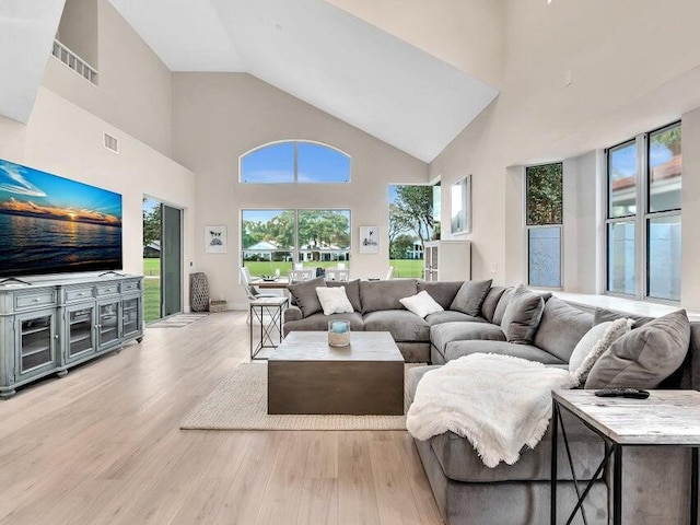 living room featuring plenty of natural light, high vaulted ceiling, and light hardwood / wood-style floors