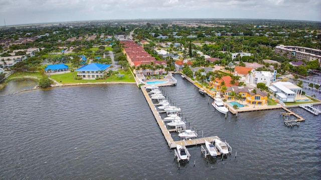 bird's eye view with a water view