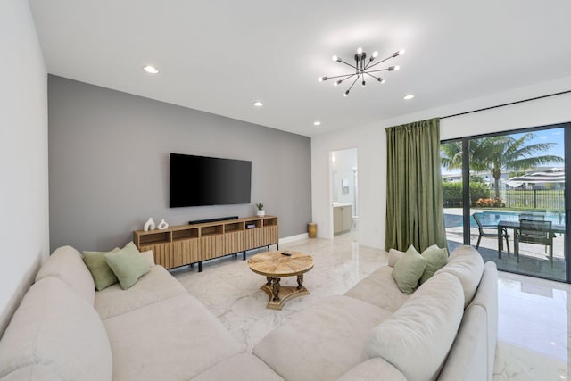 living room featuring an inviting chandelier