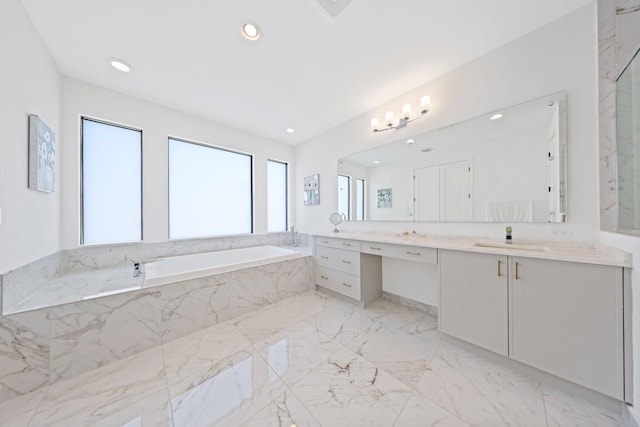 bathroom featuring vanity and plus walk in shower