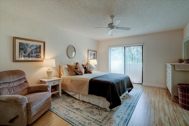 bedroom with ceiling fan, a textured ceiling, access to outside, and light hardwood / wood-style flooring