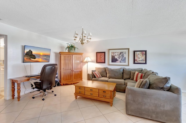 living room featuring a notable chandelier, light tile patterned floors, and a textured ceiling