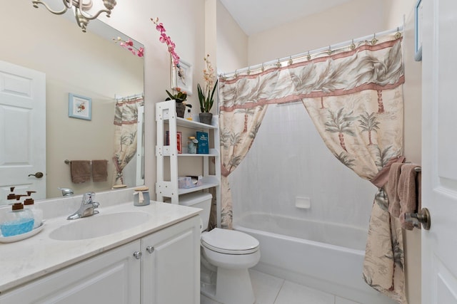 full bathroom with tile patterned flooring, vanity, shower / tub combo with curtain, and toilet