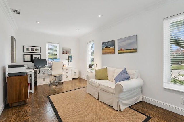 office area with dark hardwood / wood-style floors and crown molding