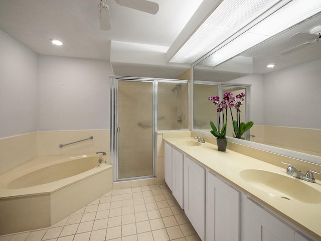 bathroom featuring vanity, tile patterned floors, ceiling fan, and separate shower and tub