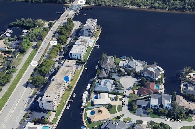 aerial view featuring a water view