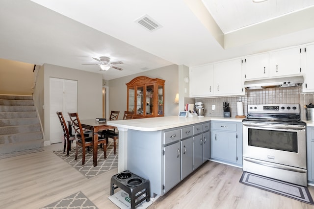 kitchen featuring kitchen peninsula, light wood-type flooring, stainless steel electric stove, and gray cabinetry