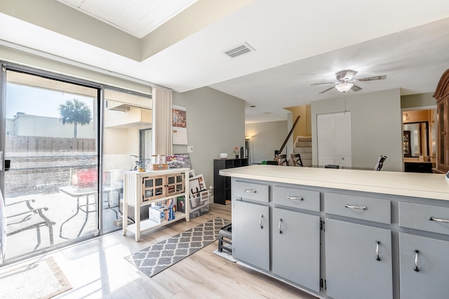 kitchen with light wood-type flooring, gray cabinets, and ceiling fan