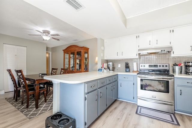 kitchen featuring stainless steel electric range, light hardwood / wood-style floors, kitchen peninsula, and white cabinetry