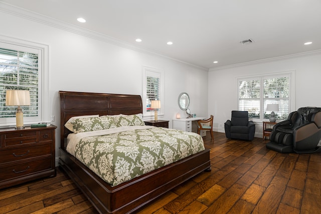 bedroom featuring baseboards, visible vents, ornamental molding, dark wood-style flooring, and recessed lighting