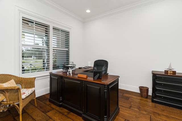 home office with dark wood-type flooring, recessed lighting, crown molding, and baseboards