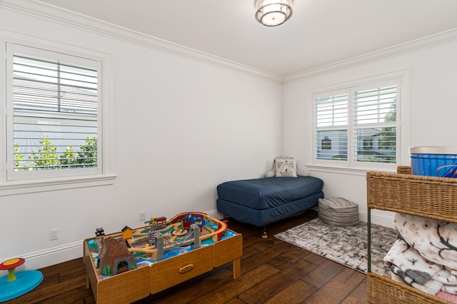 bedroom featuring ornamental molding, baseboards, and dark wood-style floors