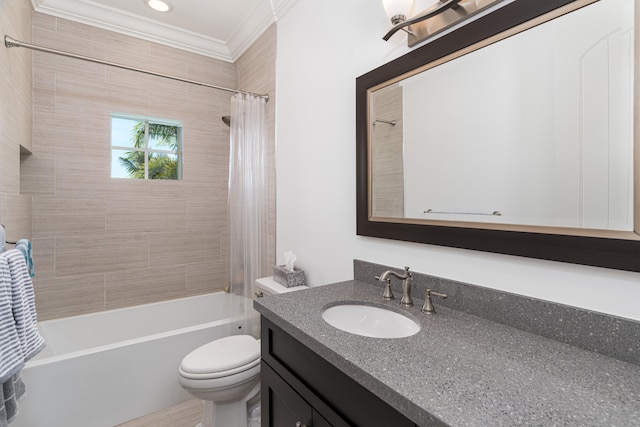 full bathroom featuring toilet, shower / bath combination with curtain, vanity, and crown molding