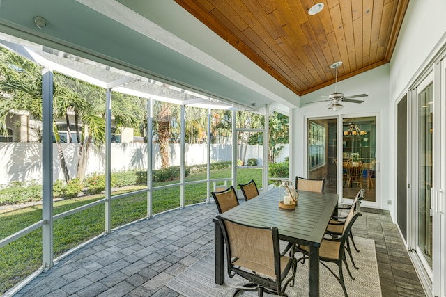 sunroom / solarium featuring a ceiling fan, lofted ceiling, and wooden ceiling