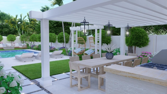 view of patio with a fenced in pool, outdoor dining space, fence, and a pergola