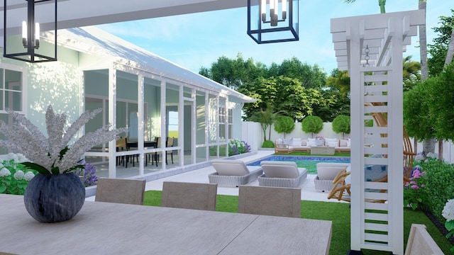 view of patio / terrace featuring outdoor dining area, fence, an outdoor living space, and a fenced in pool