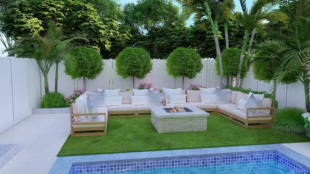 view of patio / terrace featuring an outdoor living space with a fire pit, a fenced backyard, and a fenced in pool