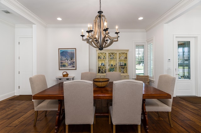 dining area featuring dark wood-style floors, recessed lighting, visible vents, and ornamental molding