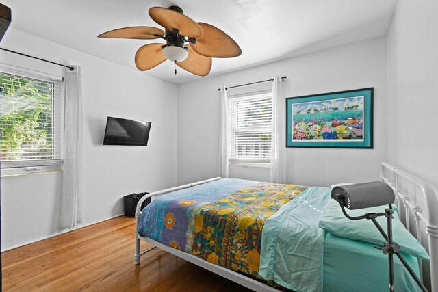 bedroom with multiple windows, ceiling fan, and wood-type flooring