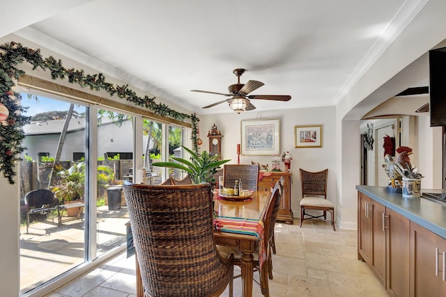 dining space featuring plenty of natural light, crown molding, and ceiling fan