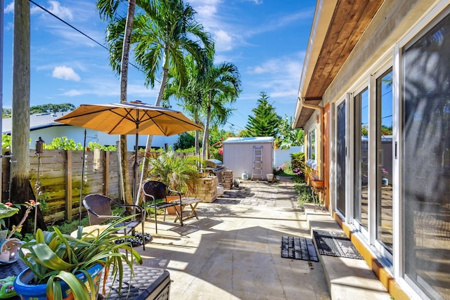 view of patio / terrace with a storage shed