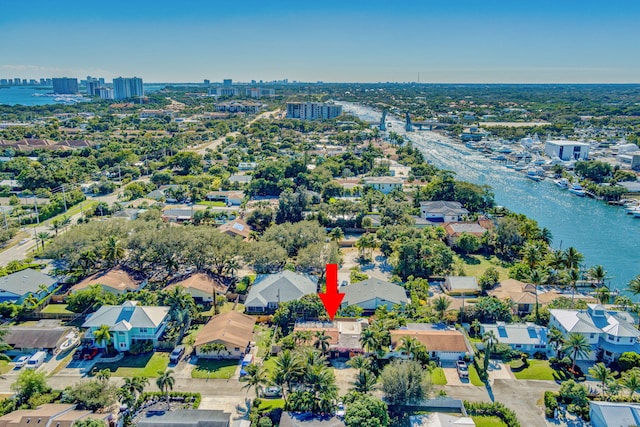 drone / aerial view featuring a water view