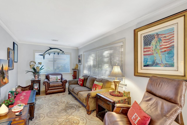 living room featuring crown molding