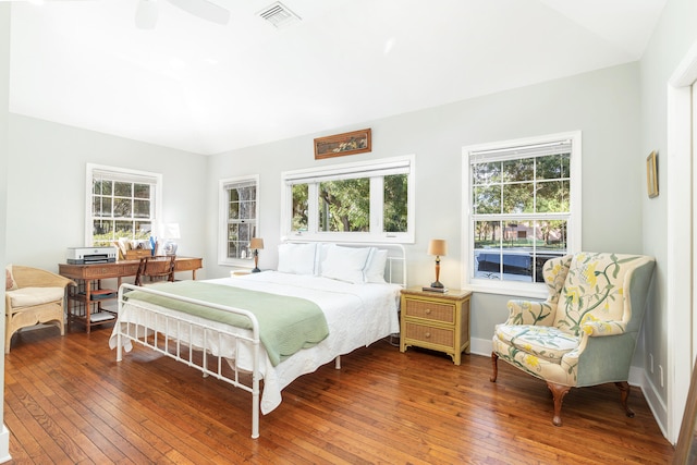 bedroom featuring hardwood / wood-style flooring and ceiling fan