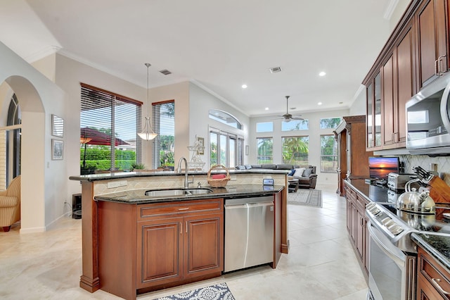 kitchen featuring appliances with stainless steel finishes, ceiling fan, a wealth of natural light, and sink